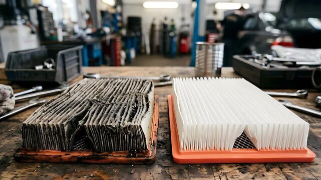 Comparison of Old Dirty Car Air Filter and New Clean Air Filter on a Wooden Workbench in a Garage