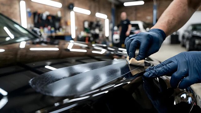 Detailer applying ceramic coating to a glossy black car hood in a well lit garage studio with brick walls and bright overhead lights reflecting on