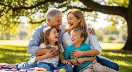 Fototapeta premium Happy multigenerational family having a picnic in the park. Grandparents and grandchildren laughing and hugging on the grass on a sunny day.