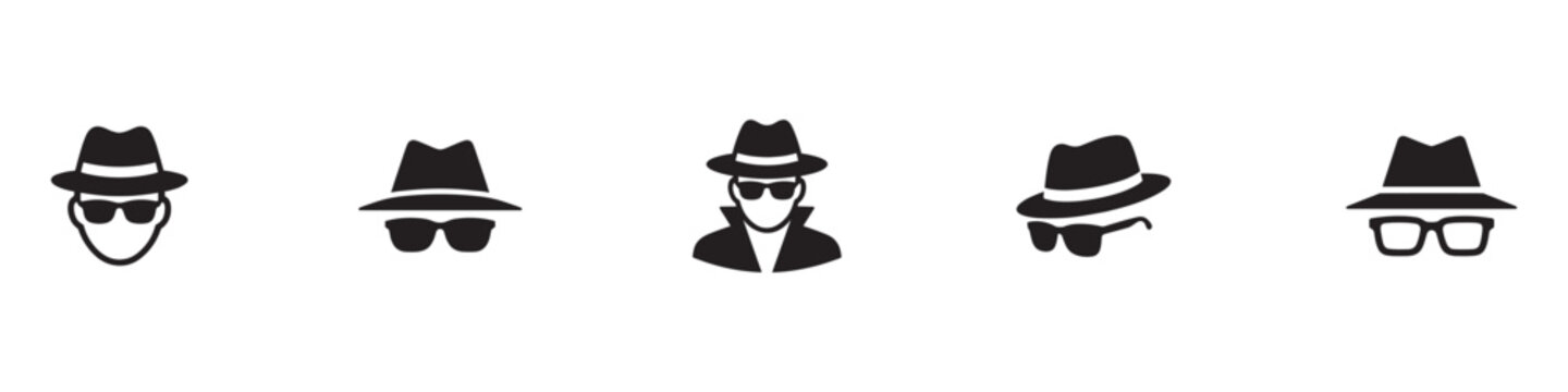 Incognito icon set. Anonymous spy agent, private detective character in disguise with hat, glasses, mustache. Security, privacy, hidden identity concept. Vector illustration. EPS 10
