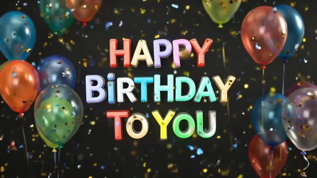 Neon-style Happy Birthday to You animated text, vibrant balloons pulsing with light, confetti particles swirling