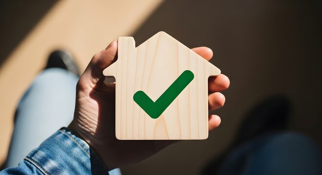 Home Ownership Approval Green Check Mark on Wooden House Shape Symbolizing Success and Security