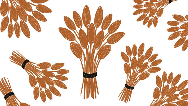 Minimalist seamless pattern featuring small bunches of brown dried seed pods or pussy willow stems tied with black bands.