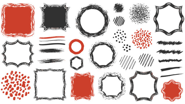 Collection of hand drawn grunge frames and borders with charcoal textures in black and red colors on a white background.