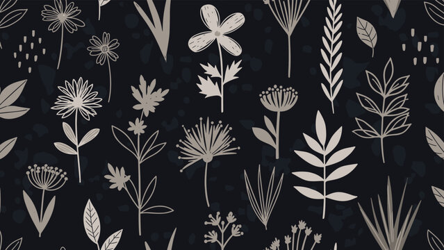Seamless floral pattern with beige wildflowers and botanical elements on a dark navy blue background for textile design.