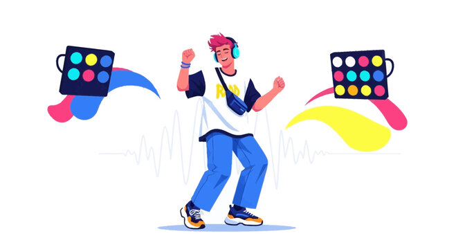 Young man with headphones dancing to music, surrounded by abstract shapes and pads