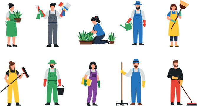 Gardeners and farmers working set vector illustration showing people planting, watering, raking, and harvesting plants in gardening and agriculture activities