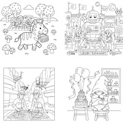 Fototapeta premium Diverse cartoon line art collection with zebra, cityscape, street market, and birthday party scenes