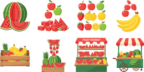 Fruit Market Vector Illustration Showing Watermelon Apple Banana Strawberry Lemon Lime Cherry and Fruit Stand © MstRanzina