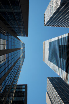 Abstract Low angle view of assorted skyscrapers, Manhattan, New York, USA