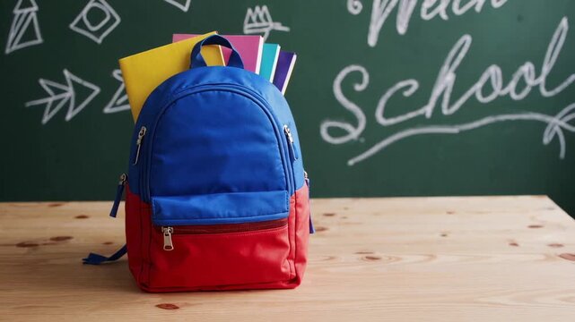 School backpack sitting near open notebooks, colorful folders resting on wooden desk with green chalkboard displaying academic text, white background isolating educational supplies