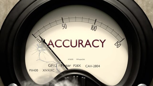 Accuracy meter showing low levels of accuracy. Minimum and decreasing accuracy value, below the norm. Lack of accuracy. None of it, insufficient.