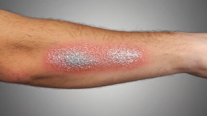 Fototapeta premium Ultra-detailed medical illustration of psoriasis on human elbow, clearly visible red inflamed plaques with silvery scales, macro dermatology photography style, educational healthcare concept