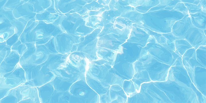 Blue water surface with bright sunlight reflections and ripples in swimming pool or tropical ocean