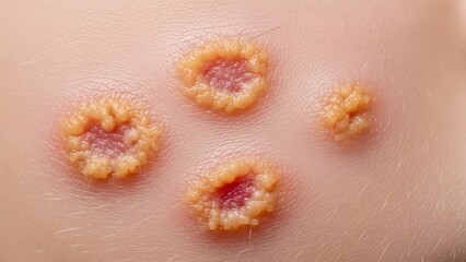 Fototapeta premium Detailed dermatology image of impetigo infection on child’s cheek, honey-colored crusted lesions, realistic skin detail, clinical documentation style, healthcare awareness visual