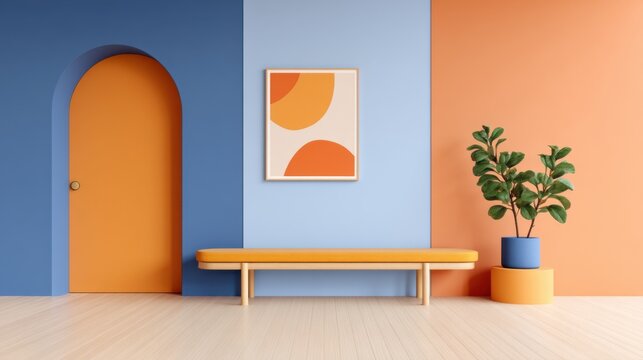 Creative entryway hallway, walls painted in color block technique using terracotta orange and deep blue geometric shapes, simple wooden bench, modern art