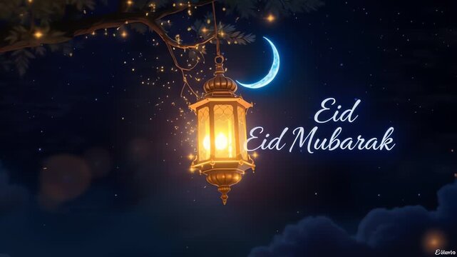 Eid Mubarak celebration with hanging lantern and crescent moon