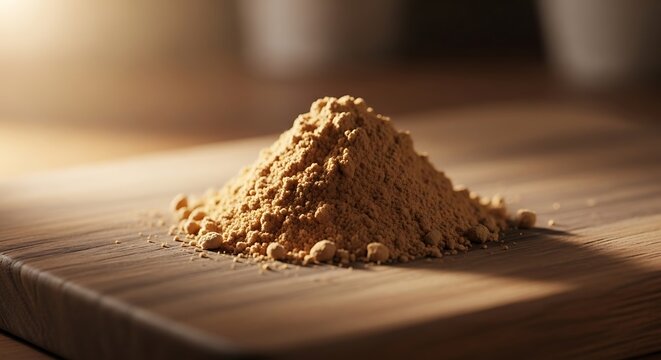 A small mound of finely ground organic ginger powder resting on a rustic natural wooden surface. baobab powder