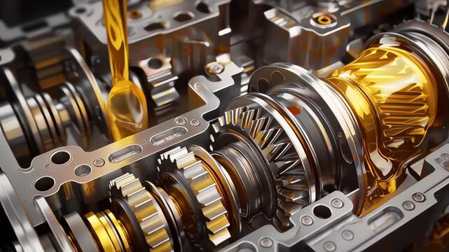 Industrial Engine Oil Pouring into Metallic Transmission Gears