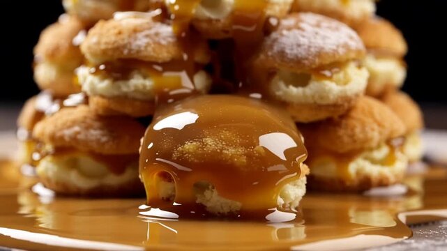 Delicious pastries with caramel topping and powdered sugar on a black backdrop