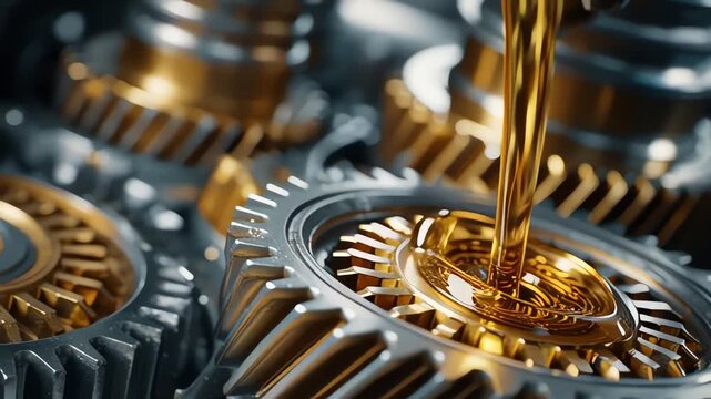 Motor Oil Pouring Over Metallic Gears and Machine Parts