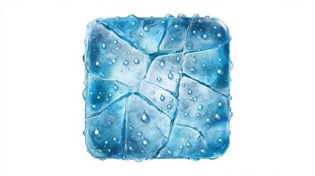 A close-up view of an icy block, revealing its textured surface and shimmering droplets. The block's cool blue hues provide a sense of freshness and coldness