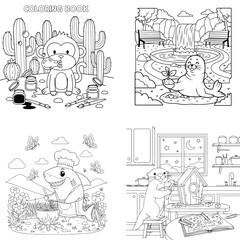 Fototapeta premium Animal characters & engaging scenes: coloring book pages for kids with coloring page
