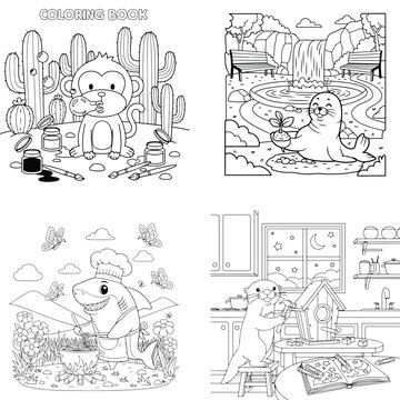 Animal characters & engaging scenes: coloring book pages for kids with coloring page