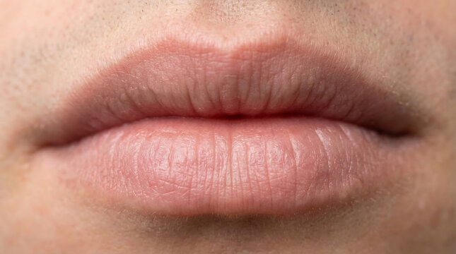 Close-up portrait of a man&rsquo;s lips with natural texture and subtle stubble, facial detail photo.