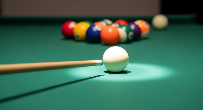 Close-up of cue ball breaking colorful billiard balls on green pool table with dramatic lighting