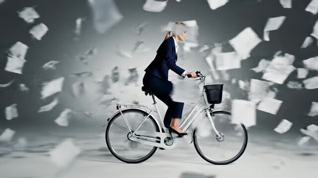 Focused businesswoman in a formal suit riding a bicycle at full speed through a chaotic storm of flying documents, a conceptual representation of multitasking, stress, and meeting tight deadlines