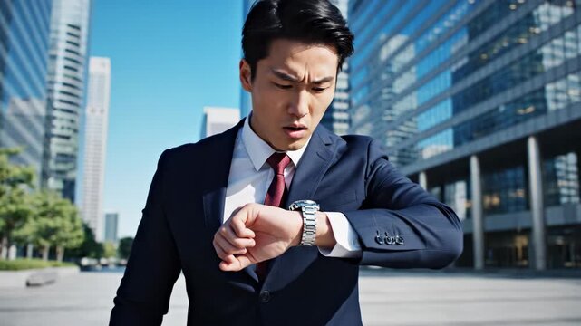 Anxious young asian businessman with a briefcase running through a modern city financial district, stopping to check his wristwatch with a worried expression before continuing his sprint