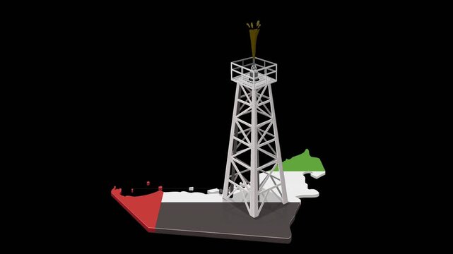 3D animation of an oil rig tower on the UAE map flag, symbolizing petroleum industry and national economy. Chroma key green screen with alpha channel. (loopable)