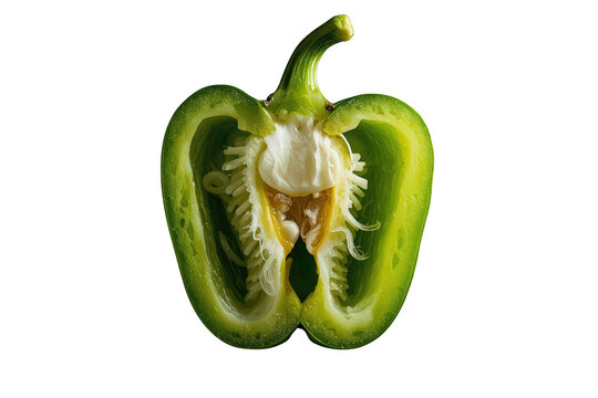 Green bell pepper cut in half, revealing internal structure, white pith, and seeds, fresh and organic produce