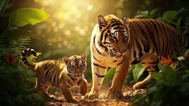 A large tiger and a small tiger cub walking together through a sunlit forest with lush greenery and