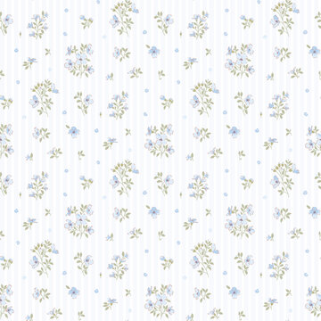 Seamless floral pattern, ditsy flower pattern, fabric print in vintage style on beige stripe, timeless floral, small ditsy flower. Surface design for home textile, wallpaper pattern, fabric, fashion. 