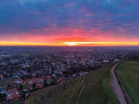 Radebeul, Sonnenuntergang vom Bismarckturm aus gesehen