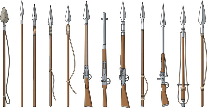 Historical Weapons Collection with Spears, Lances, Rifles, and Polearms, Vintage Military Armory Set for War, Defense, and Antique Vector Illustration