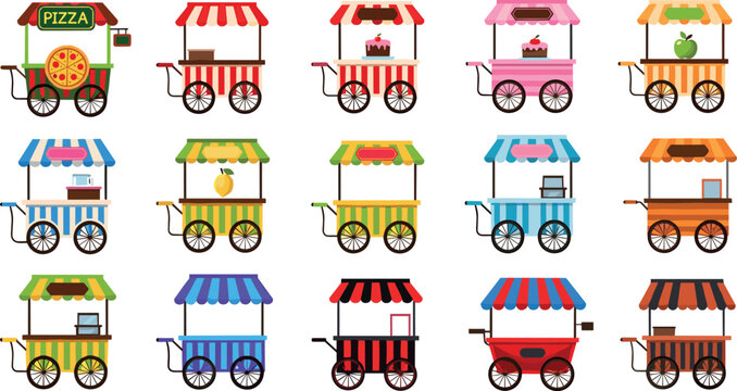 Street food cart collection illustration featuring pizza, ice cream, juice and snack vendor carts colorful market stall vehicles isolated set