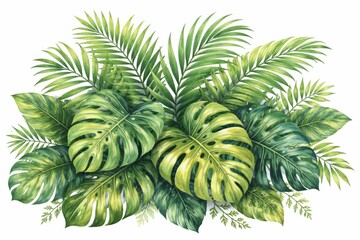 Fototapeta premium Lush tropical leaves with monstera and palm foliage in vibrant green watercolor style
