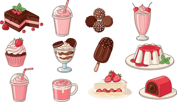 Sweet Dessert Vector Collection Featuring Chocolate Cake Milkshake Ice Cream Popsicle Pudding Swiss Roll and Strawberry Cupcake Illustrations Isolated on White Background