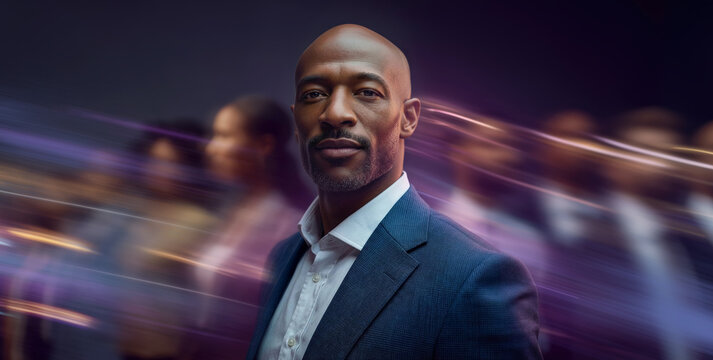 Modern African Amercian business leader centered against fast moving team scene with luminous violet streaks