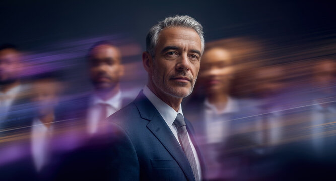 Experienced businessman standing firm while colleagues rush by in violet motion