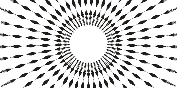 A circular geometric pattern featuring repeating spikes radiating from a central white void space
