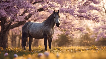 Fototapeta premium majestic grey horse standing in sunny spring field under blooming cherry blossom trees