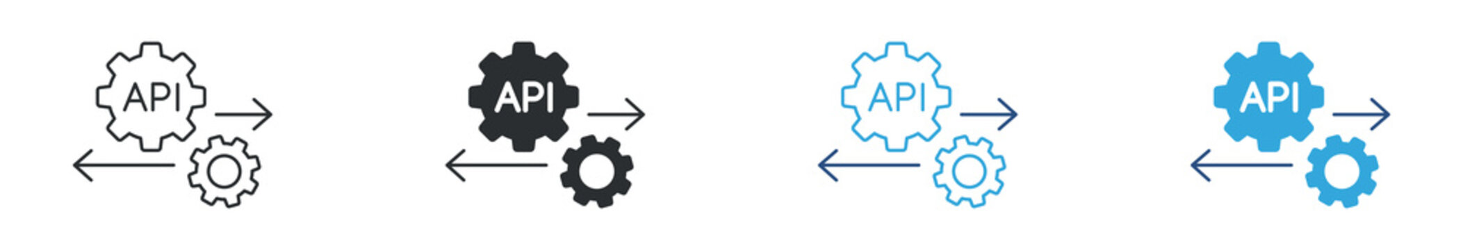 API integration icon set. Gear with API text and arrows, software development, data exchange and system connection concept. Vector illustration.