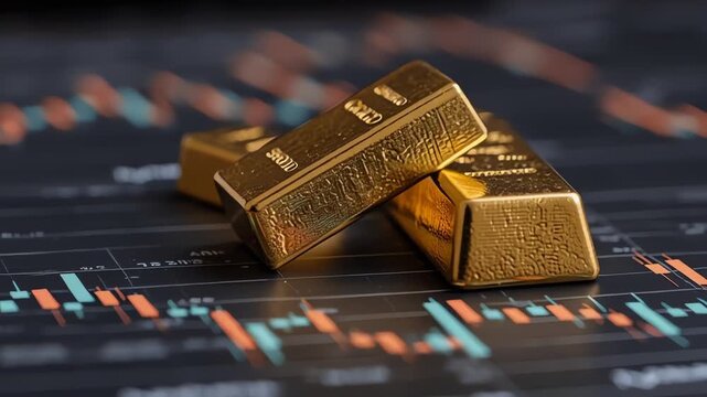 Gold Bullion Bars on Financial Stock Market Growth Charts