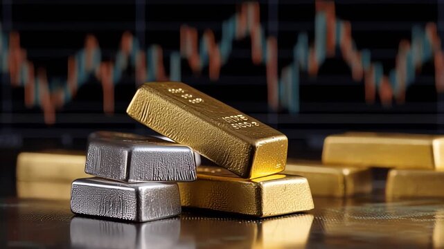 Gold and Silver Bars Bullion with Financial Stock Chart Background