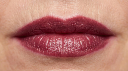 Fototapeta premium Close-up of lips with dark red burgundy lipstick, smooth and precise makeup photo.