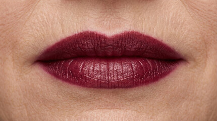Fototapeta premium Close-up of lips with dark red burgundy lipstick, smooth and precise makeup photo.
